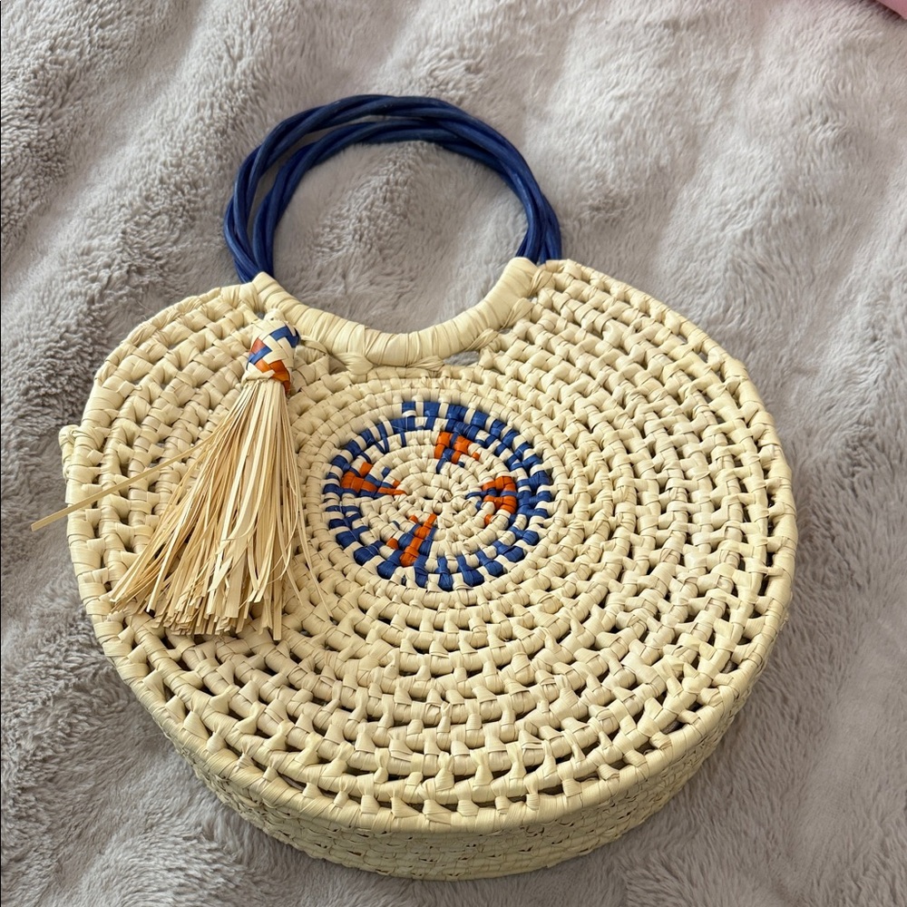 Woven Round Tote Bag in Cream with Blue & Orange Accents